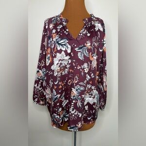 LOFT Burgundy Pullover Blouse Ruffle Collar V Neck Floral Size Large